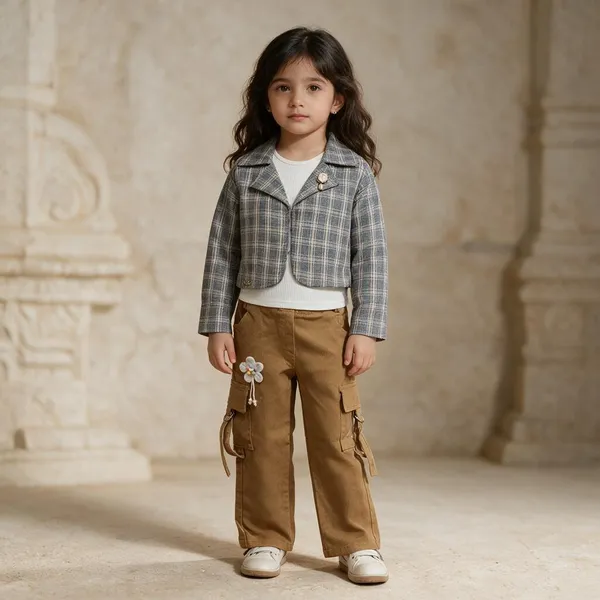 Grey_Cotton_Polyester_Blend_Checked_Jacket_And_Cargo_Pants_Set_For_Girls