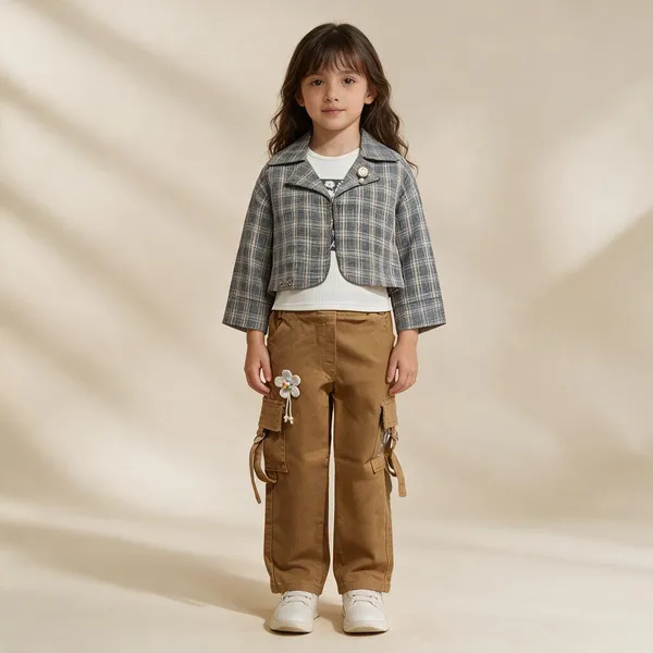 Grey_Cotton_Polyester_Blend_Checked_Jacket_And_Cargo_Pants_Set_For_Girls