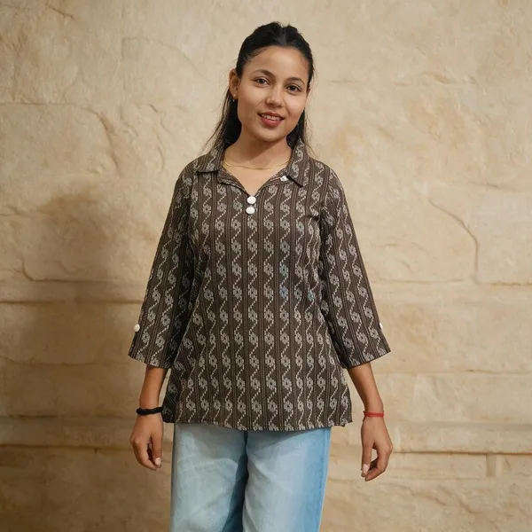 Brown_Cotton_Polyester_Blend_Printed_Regular_Fit_Kurti_For_Women
