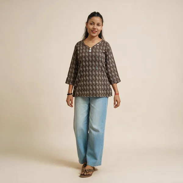 Brown_Cotton_Polyester_Blend_Printed_Regular_Fit_Kurti_For_Women