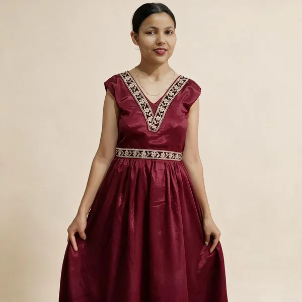 Maroon_Satin_Embroidered_Fit_And_Flare_Dress_For_Women