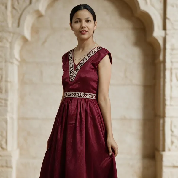 Maroon_Satin_Embroidered_Fit_And_Flare_Dress_For_Women