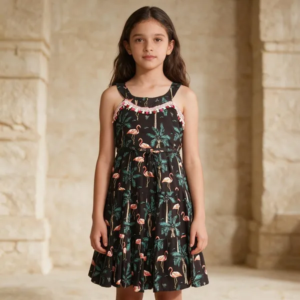 Multicolor_Cotton_Rayon_Printed_Flared_Dress_For_Girls