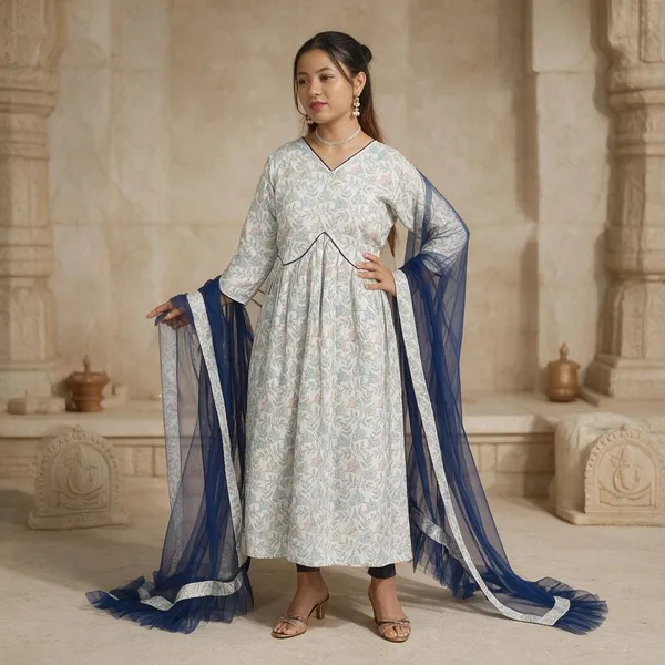 White_Cotton_Polyester_Blend_Printed_Kurta,_Trouser/Pant_&_Dupatta_Set_For_Women