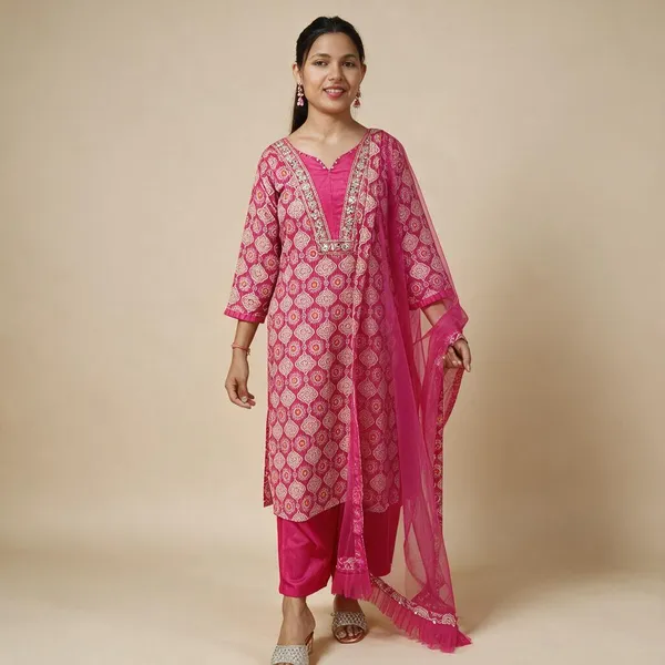 Pink_Cotton_Polyester_Blend_Floral_Print_Kurta,_Trouser/Pant_&_Dupatta_Set_For_Women