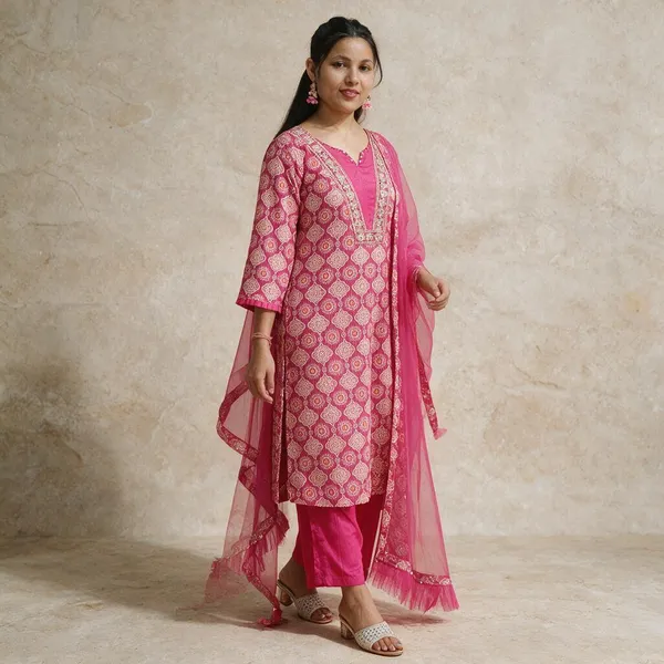 Pink_Cotton_Polyester_Blend_Floral_Print_Kurta,_Trouser/Pant_&_Dupatta_Set_For_Women