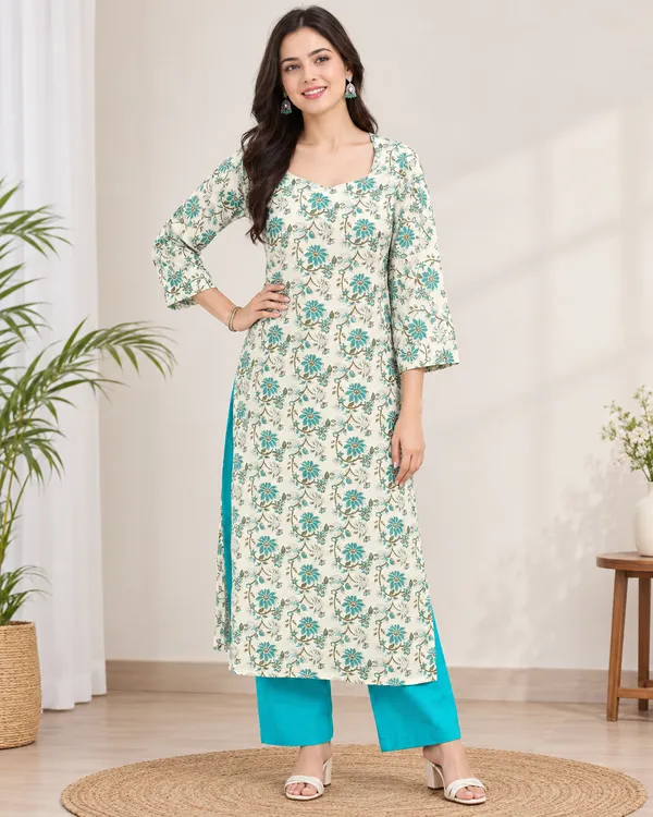 White_Cotton_Polyester_Blend_Floral_Print_Straight_Kurta_For_Women