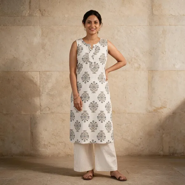 White_Floral_Print_Sleeveless_Straight_Kurta_Set_For_Women