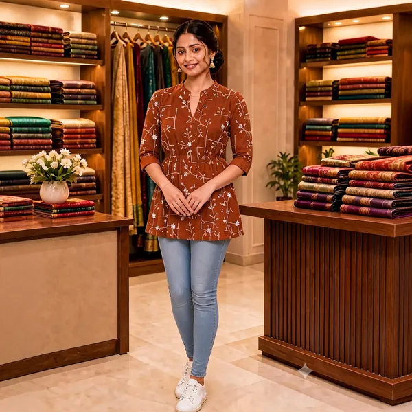 Brown_Floral_Print_Flared_Kurti_For_Women
