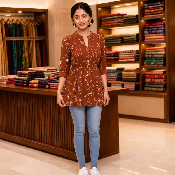 Brown_Floral_Print_Flared_Kurti_For_Women