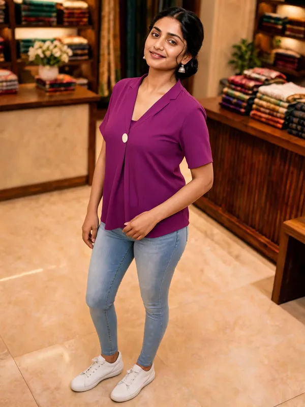 Purple_V-Neck_Short_Sleeve_Top_For_Women