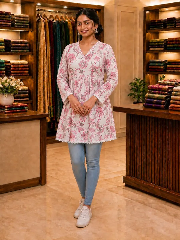 White_Floral_Print_A-Line_Kurti_For_Women