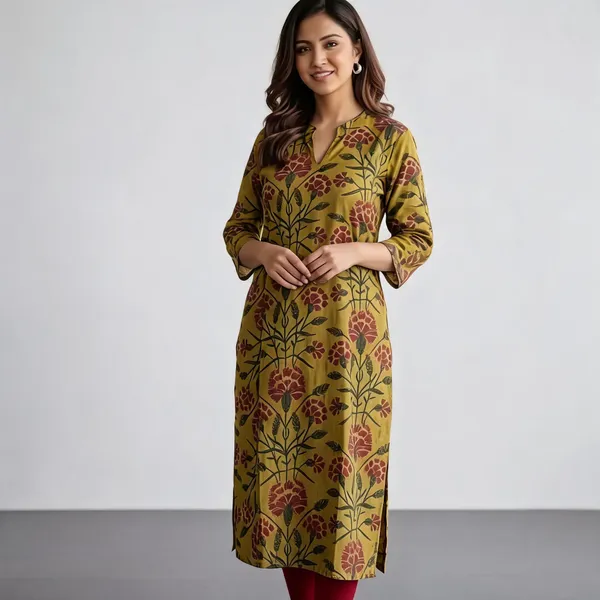 Mustard_Floral_Print_Straight_Kurta_For_Women