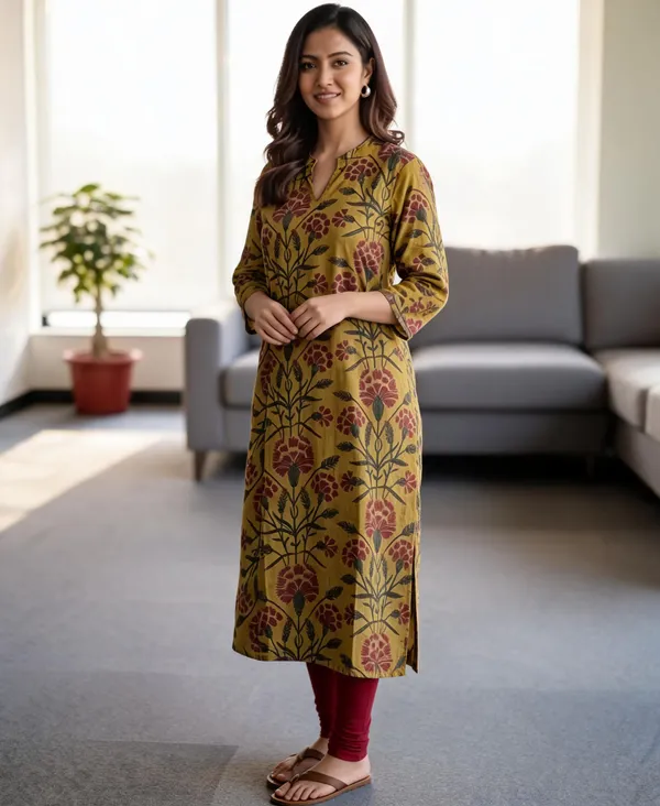 Mustard_Floral_Print_Straight_Kurta_For_Women
