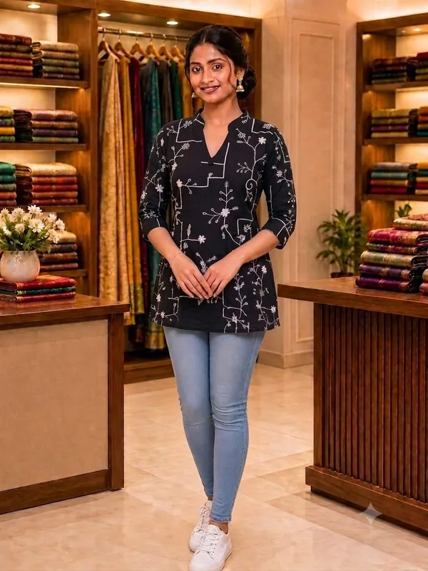 Black_Botanical_Print_Straight_Fit_Kurti_For_Women