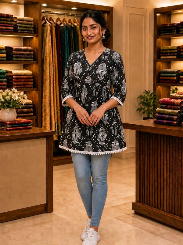 Black_Floral_Print_Flared_Kurti_For_Women