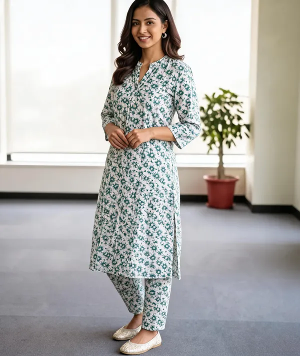 White_Floral_Print_Straight_Kurta_Set_For_Women