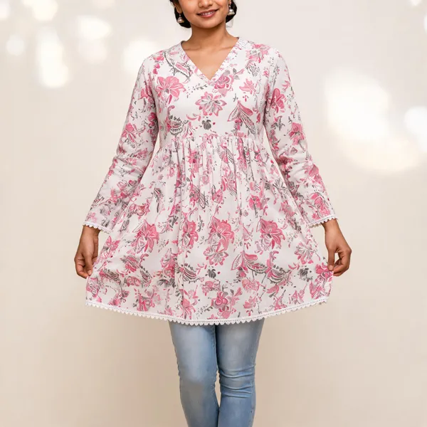 White_Floral_Print_A-Line_Kurti_For_Women