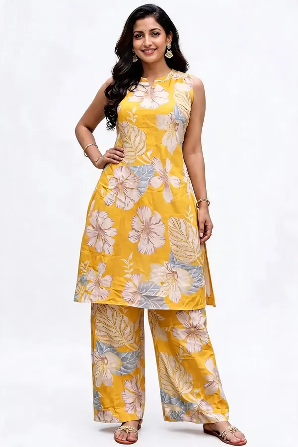 Yellow_Floral_Print_Sleeveless_Kurta_Set_For_Women