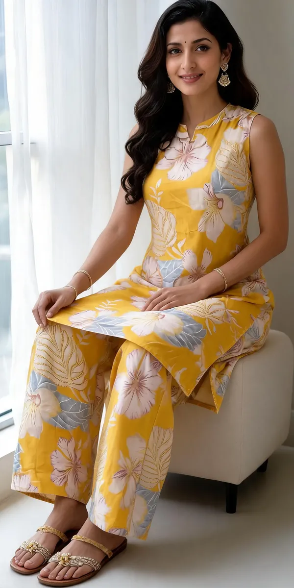 Yellow_Floral_Print_Sleeveless_Kurta_Set_For_Women