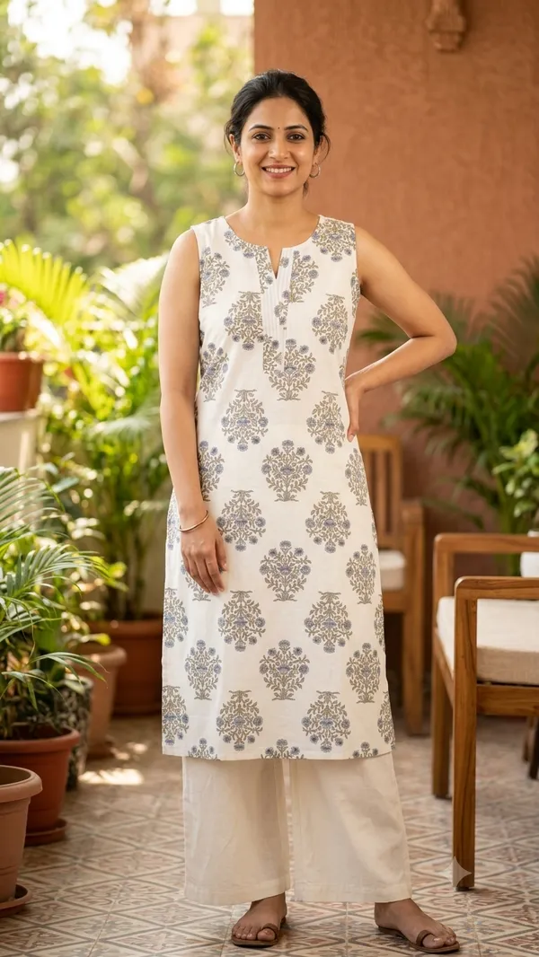 White_Floral_Print_Sleeveless_Straight_Kurta_Set_For_Women