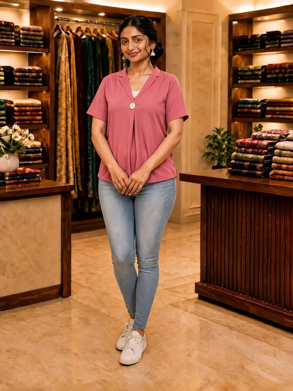 Pink_V-Neck_Short_Sleeve_Top_For_Women
