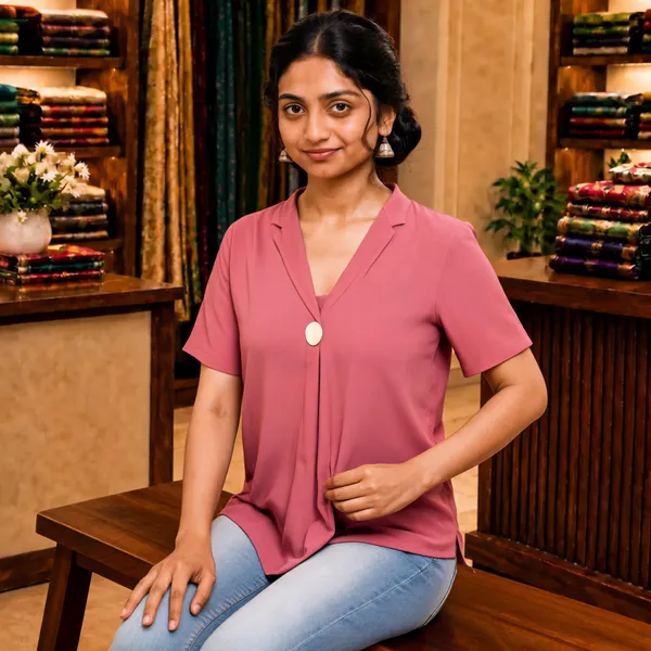 Pink_V-Neck_Short_Sleeve_Top_For_Women