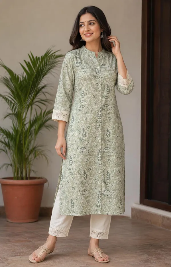 Green_Paisley_Print_Straight_Kurta_Pant_Set_For_Women