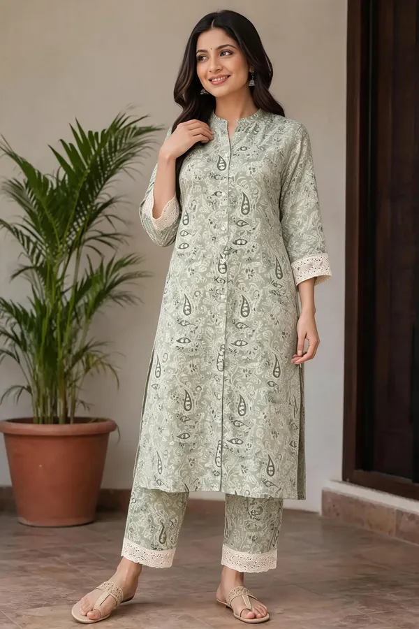 Green_Paisley_Print_Straight_Kurta_Pant_Set_For_Women