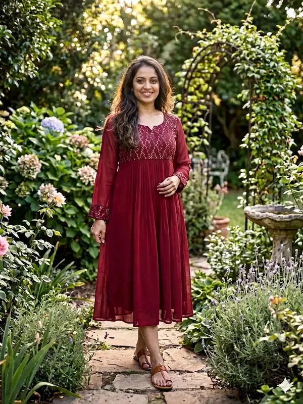 Maroon_Textured_Flared_Full_Sleeve_Dress_For_Women