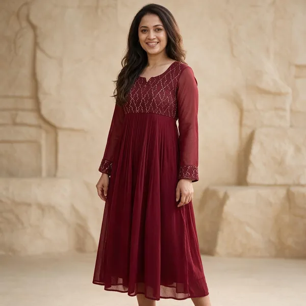 Maroon_Textured_Flared_Full_Sleeve_Dress_For_Women