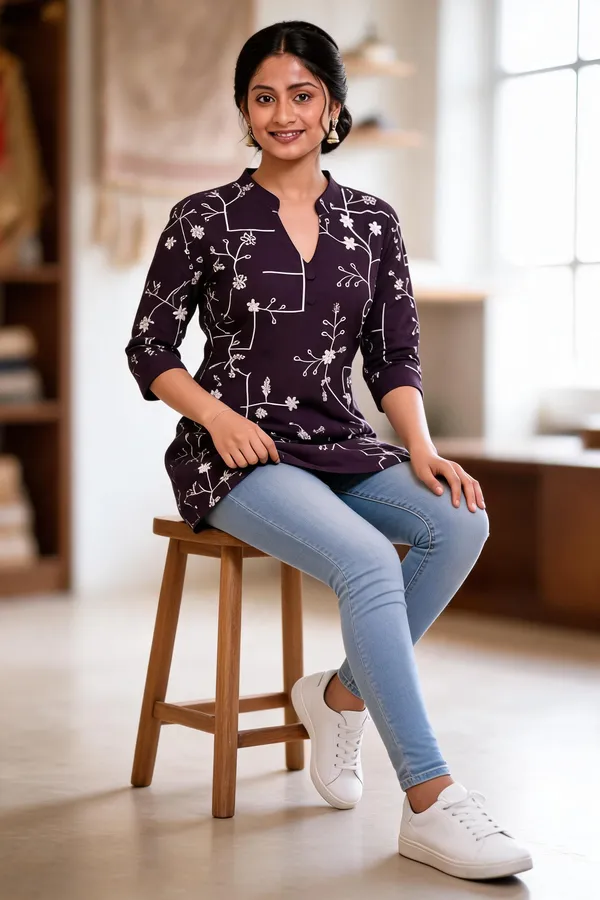 Purple_Floral_Print_Straight_Kurti_For_Women