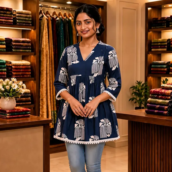 Navy_Blue_Floral_Print_Flared_Kurti_For_Women