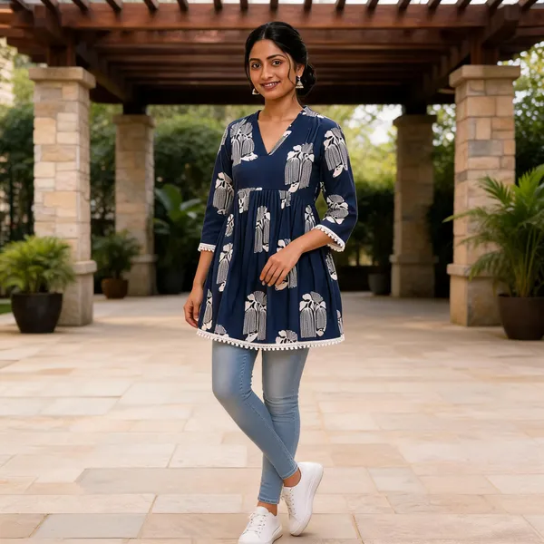 Navy_Blue_Floral_Print_Flared_Kurti_For_Women