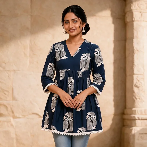 Navy_Blue_Floral_Print_Flared_Kurti_For_Women
