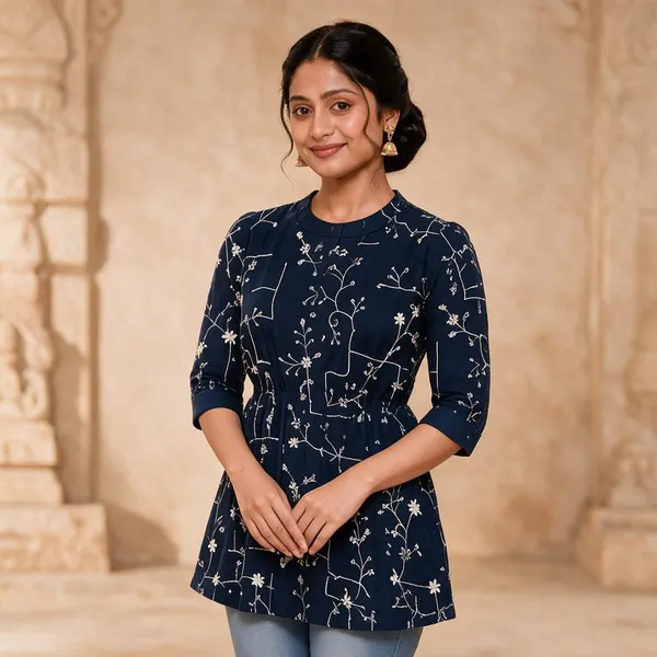 Navy_Blue_Floral_Print_Straight_Kurti_For_Women