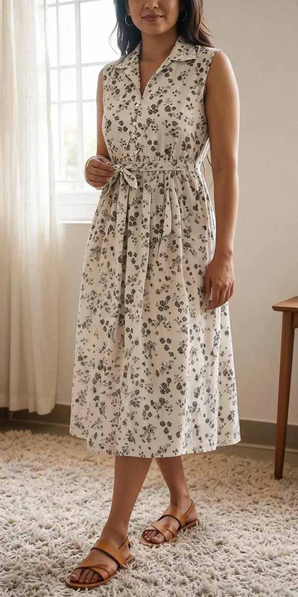 Cream_Floral_Print_Sleeveless_Shirt_Midi_Dress_For_Women