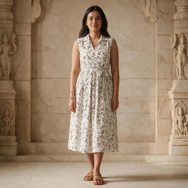 Cream_Floral_Print_Sleeveless_Shirt_Midi_Dress_For_Women