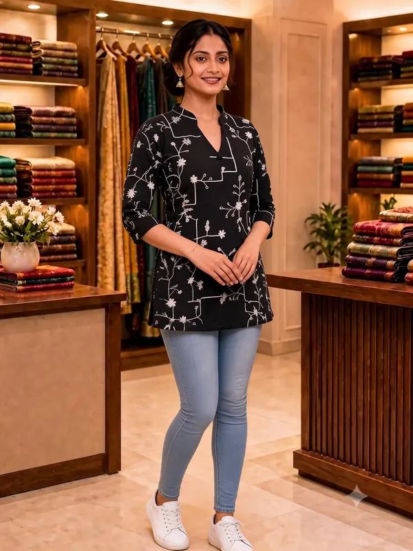 Black_Botanical_Print_Straight_Fit_Kurti_For_Women