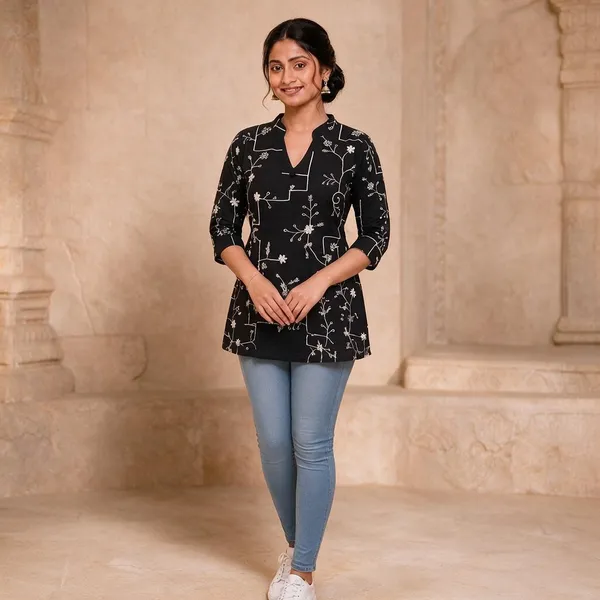 Black_Botanical_Print_Straight_Fit_Kurti_For_Women