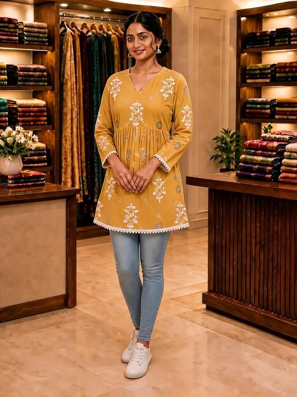 Mustard_Floral_Print_Straight_Kurti_For_Women