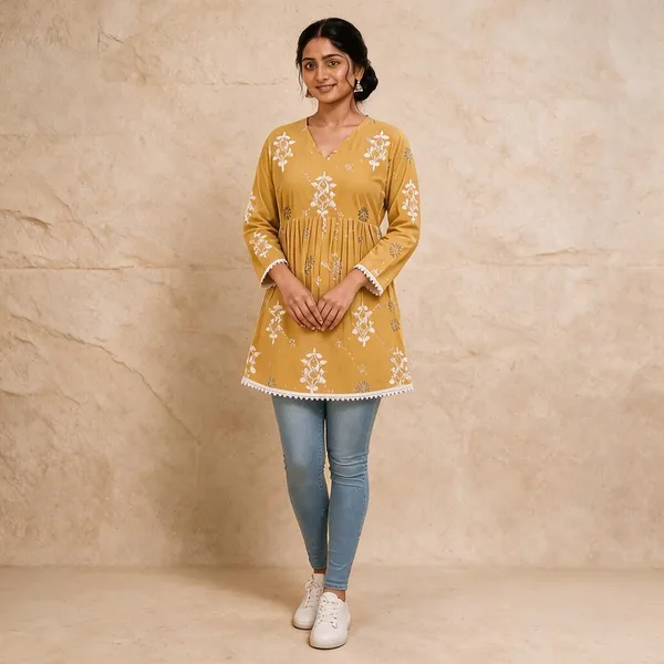 Mustard_Floral_Print_Straight_Kurti_For_Women