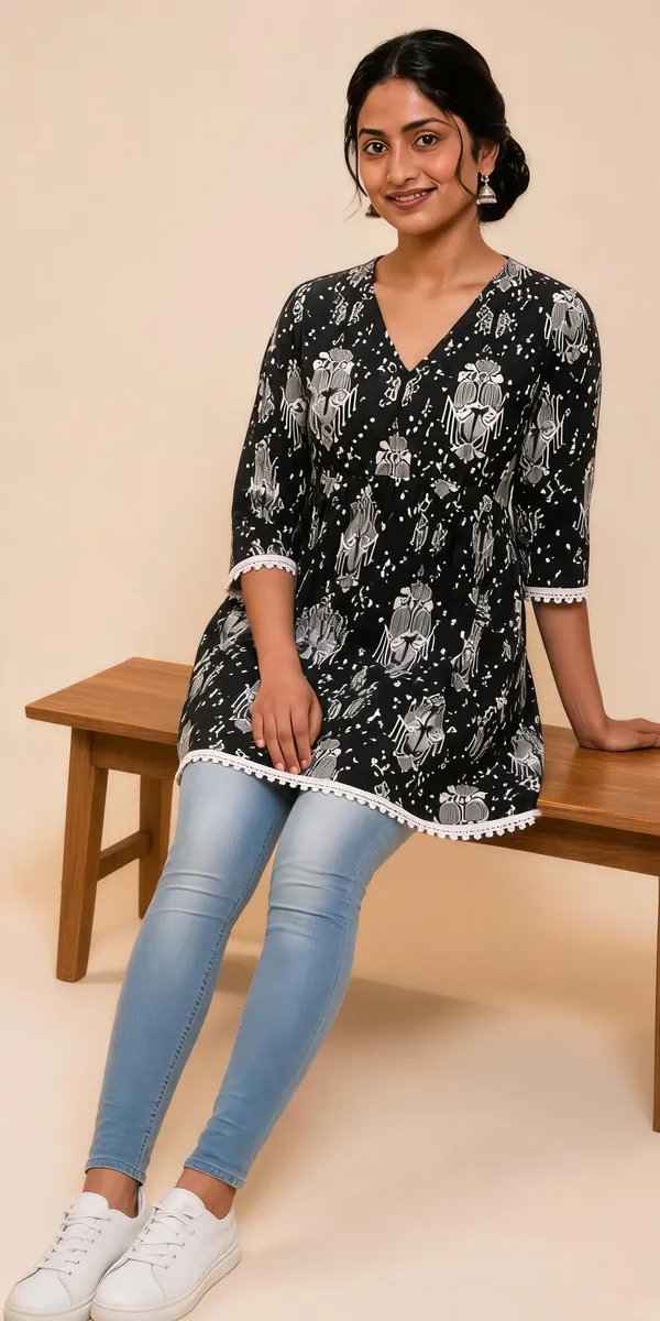 Black_Floral_Print_Flared_Kurti_For_Women