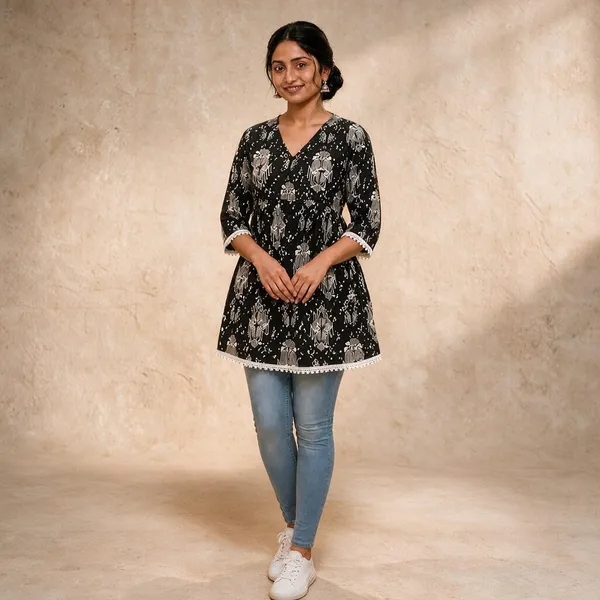Black_Floral_Print_Flared_Kurti_For_Women