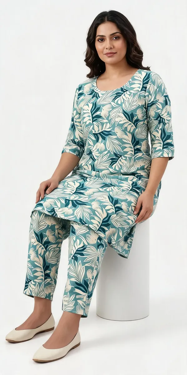 Teal_Floral_Print_Straight_Kurta_Set_For_Women