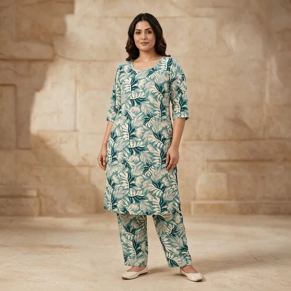 Teal_Floral_Print_Straight_Kurta_Set_For_Women