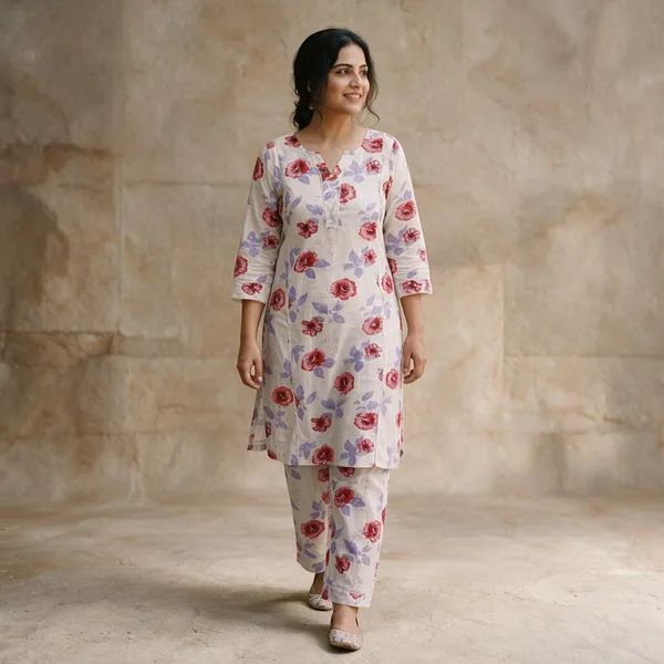 White_Floral_Print_Straight_Kurta_Set_For_Women