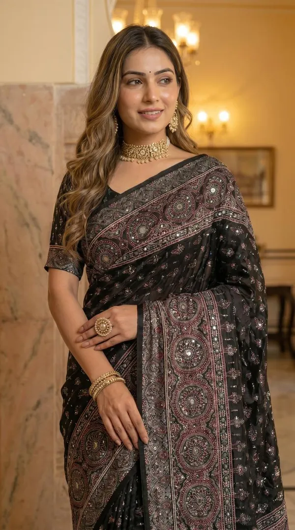 Elegant_Black_Soft_Fox_Georgette_Saree_With_Intricate_Traditional_Print_Real_Mirror_Hand_Work