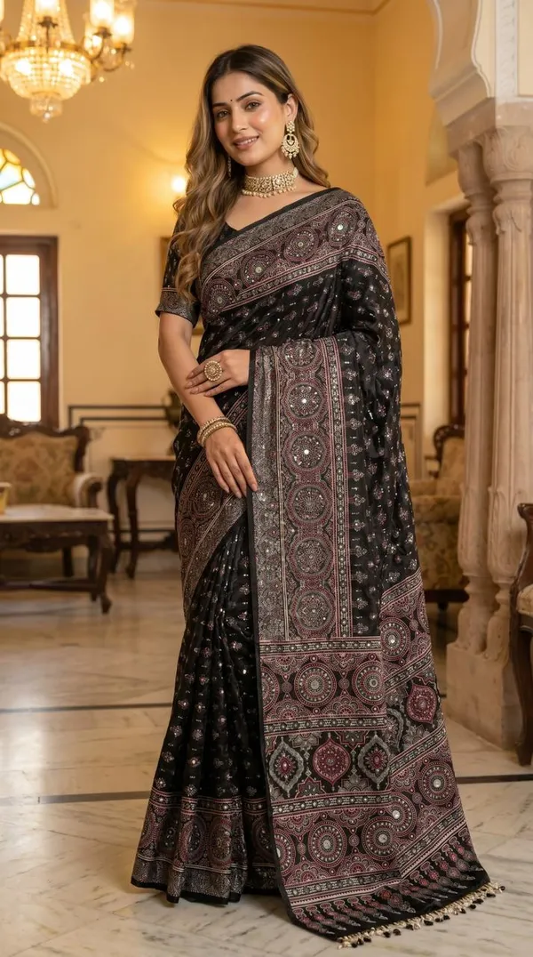 Elegant_Black_Soft_Fox_Georgette_Saree_With_Intricate_Traditional_Print_Real_Mirror_Hand_Work