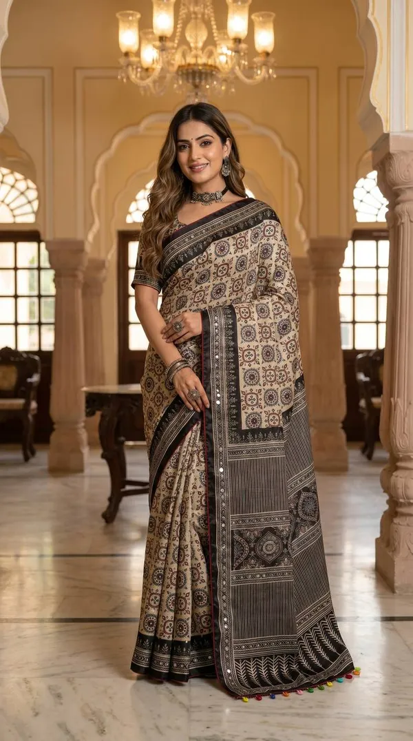 Beige_Ajrakh_Print_Satin_Saree_With_Mirror_Work